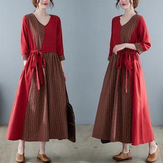 3/4-sleeve Striped Panel Midi A-line Dress