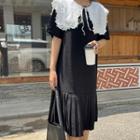 Detachable Collar Pleated Dress Black - One Size