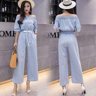 Elbow-sleeve Off-shoulder Denim Jumpsuit