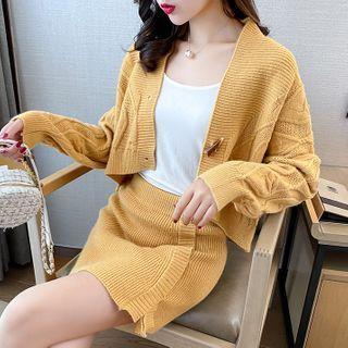 Set: Cable Knit Cardigan + Mini Fitted Knit Skirt