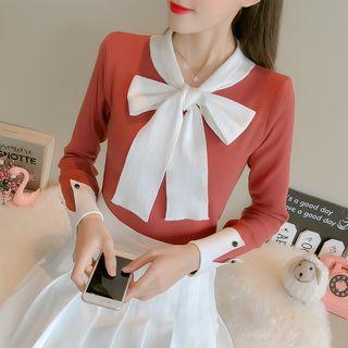Bow-front Two-tone Knit Top