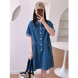 Elbow-sleeve Denim A-line Shirtdress Denim Blue - One Size