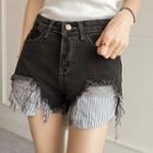 Stripe Lining Distressed Denim Shorts