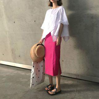 Plain Elbow Sleeve Asymmetric Hem T-shirt / Midi Pencil Skirt