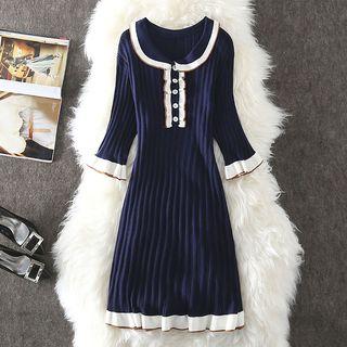 Elbow-sleeve Contrast-trim Midi Knit Dress