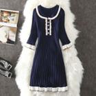 Elbow-sleeve Contrast-trim Midi Knit Dress