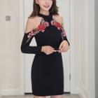 Long-sleeve Cold-shoulder Floral Embroidered Mini Bodycon Dress
