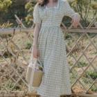 Gingham Floral Short-sleeve Midi A-line Dress