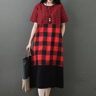 Short-sleeve Checker Panel A-line Midi Dress