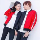 Couple Matching Lettering Strap Color Panel Bomber Jacket