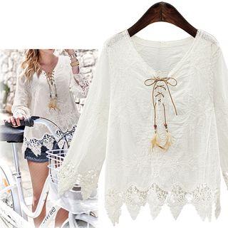 Long Sleeve V-neck Lace Trim Top