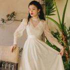 Mock Two-piece Puff-sleeve Midi Lace Dress