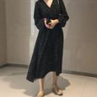 Long-sleeve Floral-print Midi A-line Dress Black - One Size