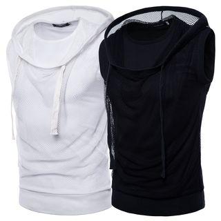 Mesh Overlay Sleeveless Hooded T-shirt