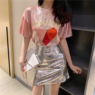 Heart Print Short-sleeve T-shirt / Sequined Mini A-line Skirt
