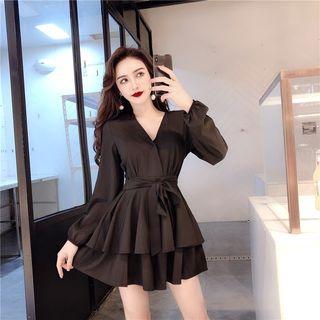 Tie-waist Long-sleeve Layered A-line Mini Dress