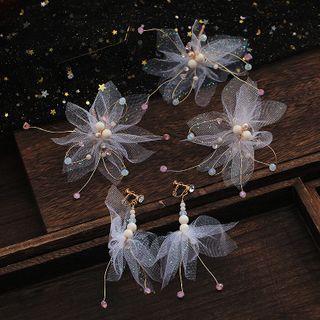 Set: Bead Mesh Flower Headpiece + Drop Earring Set Of 2 - Headpiece & 1 Pair - Drop Earring - Clip On Earring - As Shown In Figure - One Size