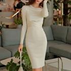 Long-sleeve Plain Knit Sheath Dress Almond - One Size