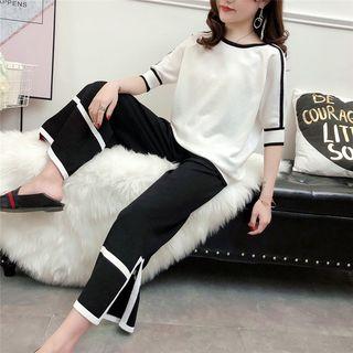 Set: Panel Elbow-sleeve Top + Wide Leg Pants