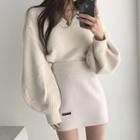 V-neck Lantern-sleeve Sweater / Mini Pencil Skirt