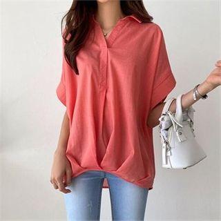 Half-placket Pintuck-hem Blouse Pink - One Size