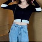 Two Tone Zip-up Knit Crop Top