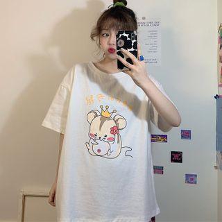 Elbow-sleeve Mouse Print T-shirt