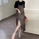 Short-sleeve Plain T-shirt / Sleeveless Leopard Side-slit Dress