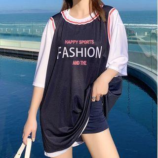 Set: Elbow-sleeve Lettering Print Coverup T-shirt + Tankini Top + Shorts