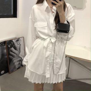 Long-sleeve Plain Shirt / Pleated A-line Mini Skirt