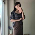 Set: Tie-neck Puff-sleeve Plaid Cardigan + Spaghetti-strap Top