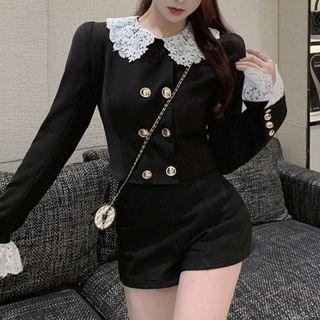 Lace Panel Double-breasted Cropped Blouse