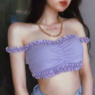 Off-shoulder Ruffled Cropped T-shirt