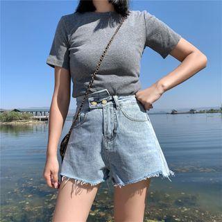 Asymmetric Washed Wide Leg Denim Shorts