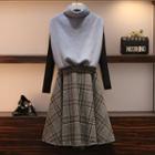 Set: Turtleneck Knit Vest + Long-sleeve T-shirt + Plaid Midi A-line Skirt