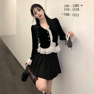 Frill Trim Button Jacket / Pleated Mini A-line Skirt