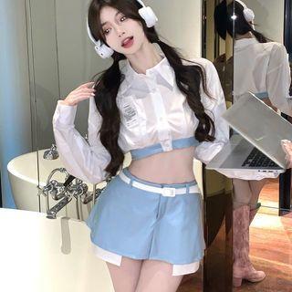 Applique Crop Shirt / Asymmetrical Skort / Belt / Set