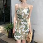 Spaghetti Strap Mini Leaf Print Dress As Shown In Figure - One Size