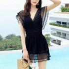 Set: V-neck Swimsuit + Mesh Skirt