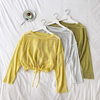Drawstring Waist Plain Cropped Lightweight Knit Top