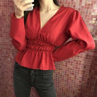 Long-sleeve V-neck Gathered Waist Top