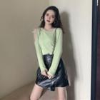 Cold-shoulder Long-sleeve T-shirt / Irregular Faux Leather A-line Skirt