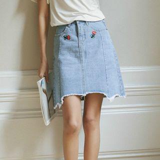 Embroidered Asymmetric Denim Mini Skirt