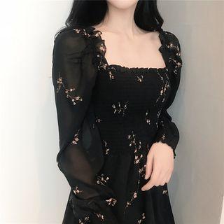 Puff-sleeve Floral Printed Dress Black - One Size