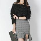 Set: Off-shoulder Loose-fit Top + Check Skirt