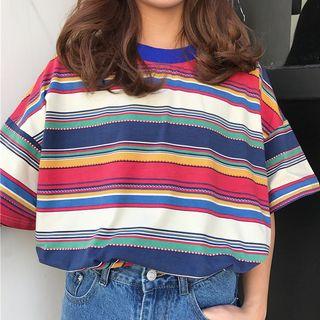 Striped Loose-fit Elbow-sleeve T-shirt