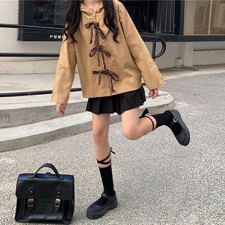 Bow-accent Zip Hoodie Khaki - One Size