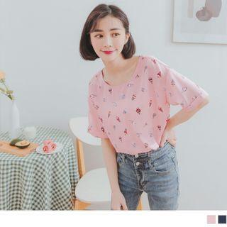 Short-sleeve Cutout Back Printed Chiffon Top
