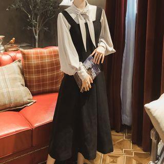 Set: Tie-neck Lantern-sleeve Blouse + A-line Midi Pinafore Dress