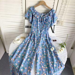 Short-sleeve Ruffled Floral Wide Leg Jumpsuit